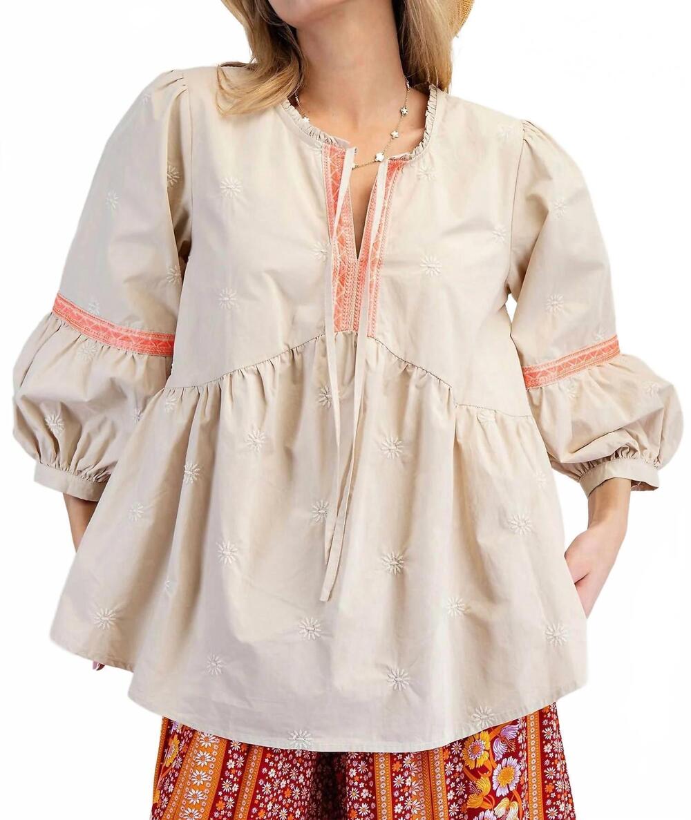 NEW EASEL embroidered babydoll tunic top in beige